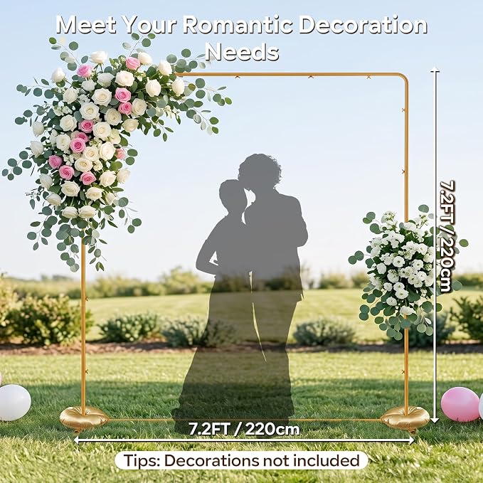 GOJIAWAY 7.2ft Gold Square Backdrop Stand, Metal Frame,2 Water Bags Base | Adjustable Height 4–7.2ft, Rust-Resistant, Quick Snap Assembly, Stability, for Wedding, Photo, birthday party, balloon arch