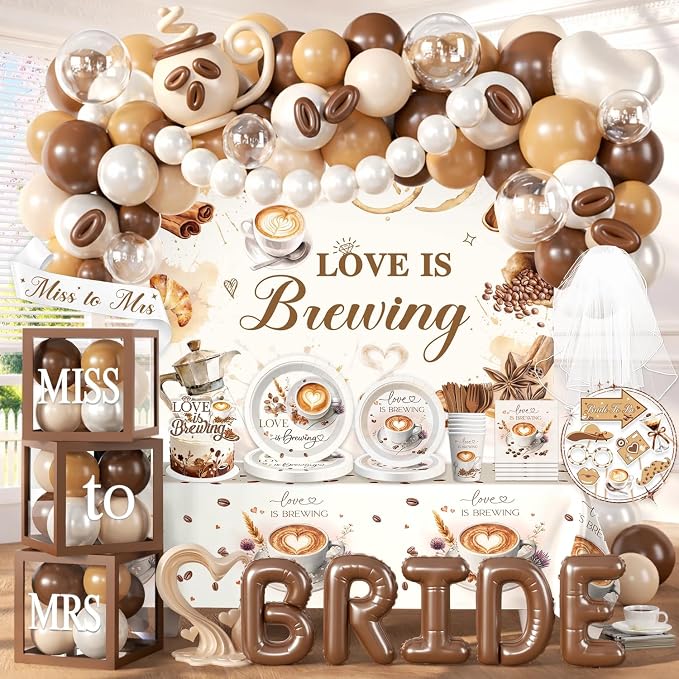 316 pcs Love Is Brewing Bridal Shower Decorations, All-in-One Bridal Shower Decor Set for 25 Guests with Balloon Arch, Bridal Veil, Tablecloth, Backdrop, Cake Topper, Thick Plates and Photo Props
