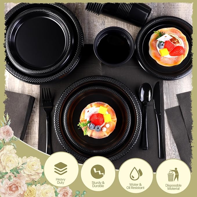 Kochorie 480 Pieces Black Plastic Dinnerware Set for 60 Guests Disposable Heavy Duty Plates Napkins Cups and Silverware Dessert Dinner Plates for Halloween Birthday Wedding Party Supplies
