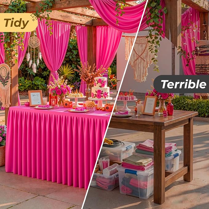 Red Polyester Table Cloths for Rectangle 4 Foot Tables, 2 Pack Wrinkle Free Tablecloths Stretchy Banquet Ruffle Fitted Table Cover Desk Skirt for Parties Wedding Birthday Baby Shower
