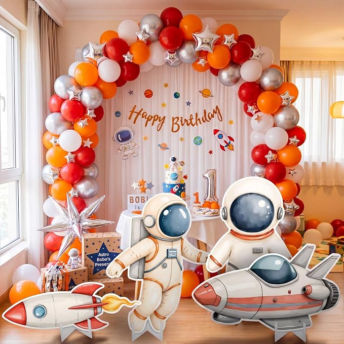 Honoson 4 Pcs Large 30" Astronaut Cardboard Cutouts, Space Birthday Party Decoration Rocket Spaceship Backdrop Standup Photo Booth Prop for Baby Shower Party Supplies Classroom Sign