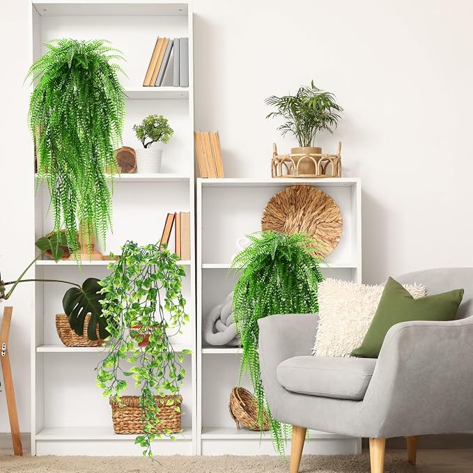 Daifunli 12 Pcs Artificial Hanging Plants Fake Hanging Ferns Plastic Fake Plant for Wall Room Garden Garland Indoor Outdoor Decor No Basket (Ivy,Boston Ferns)