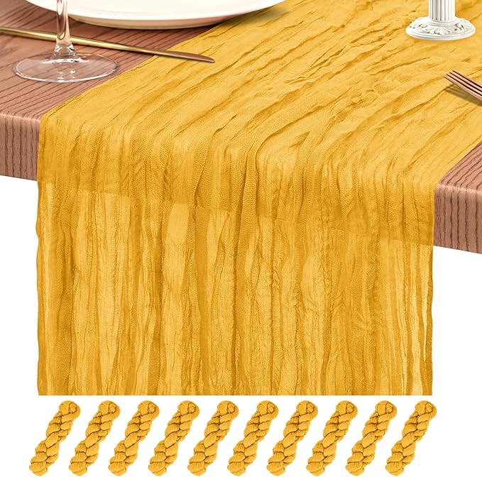10 Pack Gold Cheesecloth Table Runner 10FT Boho Gauze Cheese Cloth Table Runners Romantic Rustic Sheer Table Decorations for Wedding Party Baby Shower Birthday Holiday Home