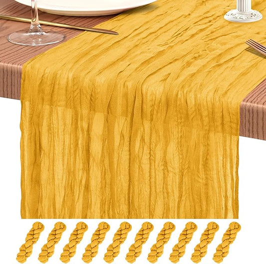 10 Pack Gold Cheesecloth Table Runner 10FT Boho Gauze Cheese Cloth Table Runners Romantic Rustic Sheer Table Decorations for Wedding Party Baby Shower Birthday Holiday Home