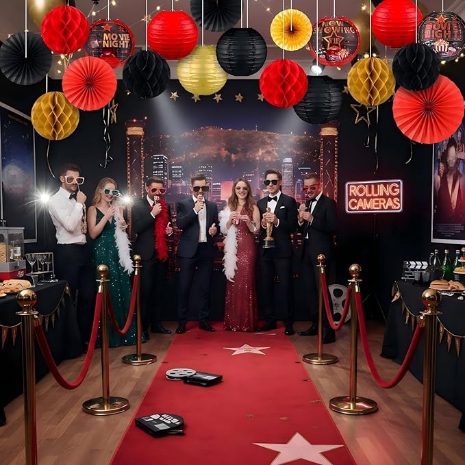 Retisee 18 Pcs Movie Night Party Decor Theme Hanging Paper Lanterns with Popcorn Trophy Microphone Film Reel Honeycomb Ball Fans for Movie Night Theater Carnival Party Decor