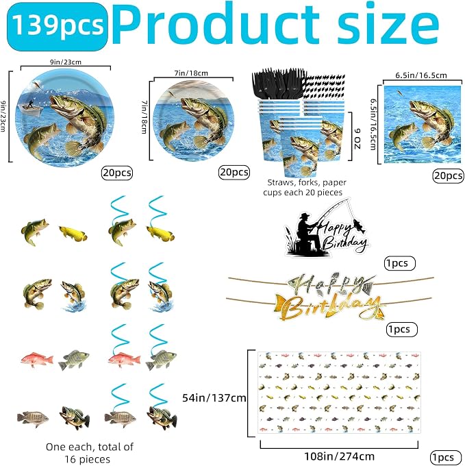 139Pcs Fishing Birthday Party Decorations Tableware Set Serves 20 Guests, Ofishally One Birthday Decorations includes Banner, Plates, Cake Topper, Cupcake Toppers, Gone Fishing Supplies for Boy