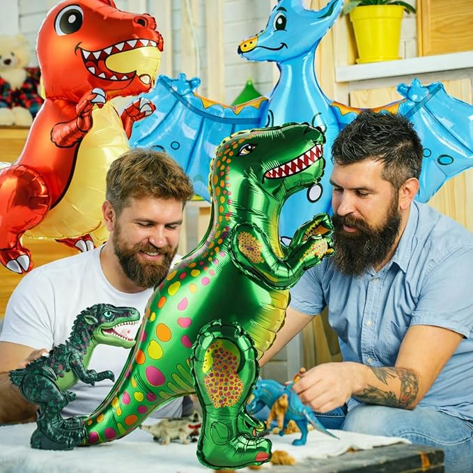 Foilswirl 10 Pcs Giant 3D Dinosaur Balloons (20‑35") Dino Aluminum Foil Self Standing Dino Balloons Dinosaur Inflatable Birthday Decorations for Jungle Theme Party(Multicolored)