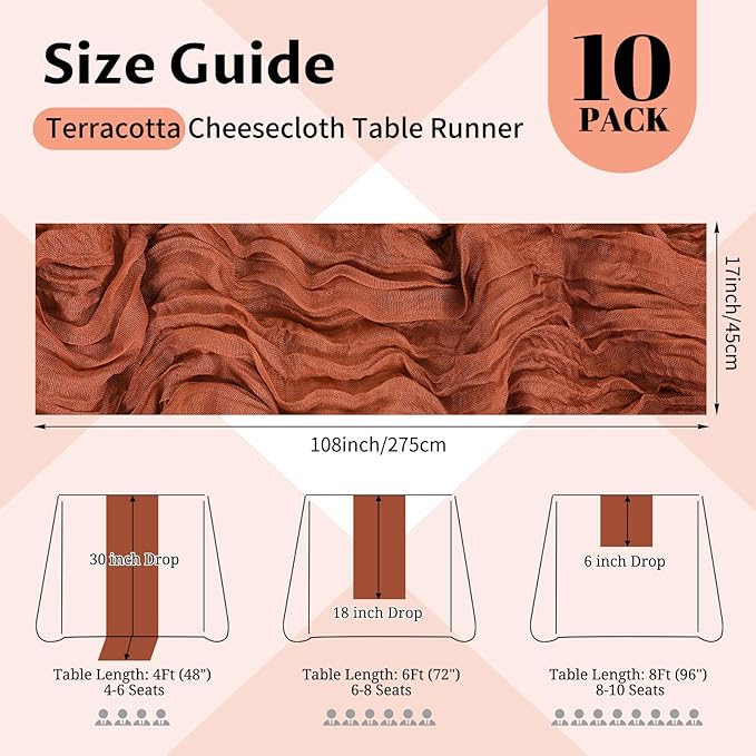 10 Pack Terracotta Cheesecloth Table Runner 17x108 Inch Semi Sheer Boho Gauze Cheese Cloth Table Runners, for Wedding Bridal Shower Birthday Party Home Decor Garden Farmhouse