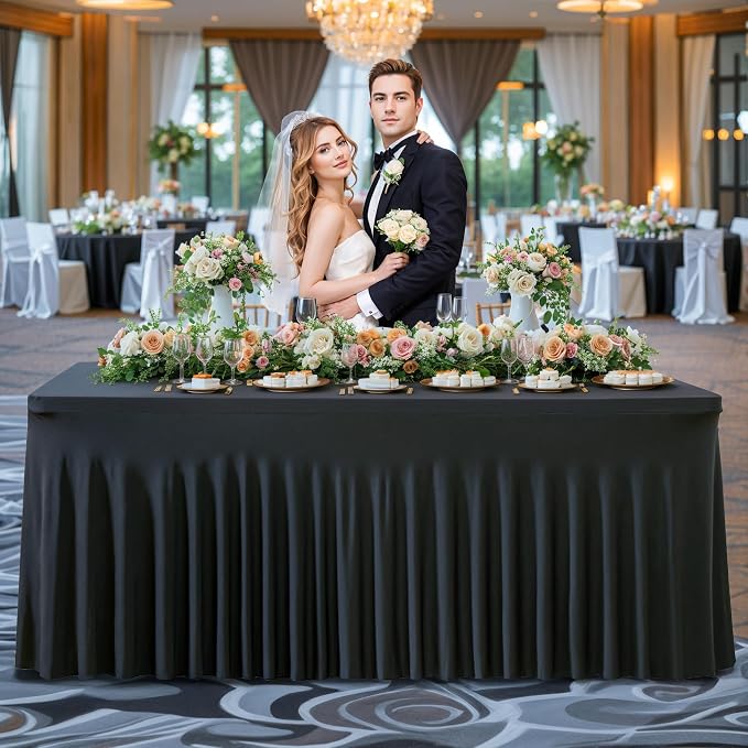 4 Pack Black Table Cloth for 8 Foot Rectangle Tables Spandex Fitted Tablecloth 8ft Stretch Table Covers Skirt Black Banquet Tablecloths Wrinkle Free Tablecloth for Party Wedding Birthday Event