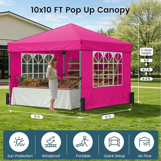 Raynesys Pop Up Canopy Tent with Sidewalls, 10x10ft 10 Person Party Tent One Push Setup, Portable Gazebo Outdoor Sun Shade for Events, Parties, Camping, Commercial, Silver Coated Top, Pink