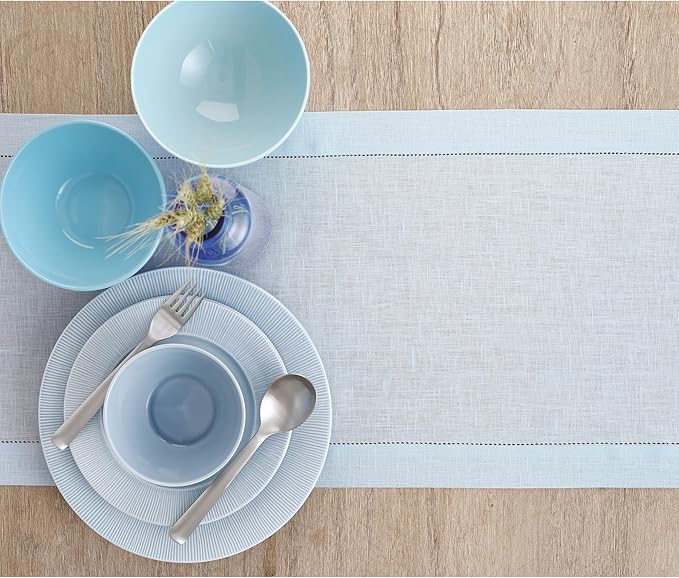 Solino Home Linen Light Blue Table Runner 60 Inches - Classic Hemstitch, 100% Pure Linen Coffee Table Runner 14 x 60 Inch Ideal for Dresser Tables, Spring, Summer, Mothers Day