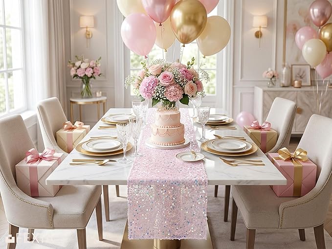 FEXIA Pink Sequin Table Runner 12x72 Inches, Sparkly Blush Table Runner for Wedding Party Shimmer Fabric Table Decoration for Bridal Shower Birthday Baby Shower Ocean Themed Party for Dining Room