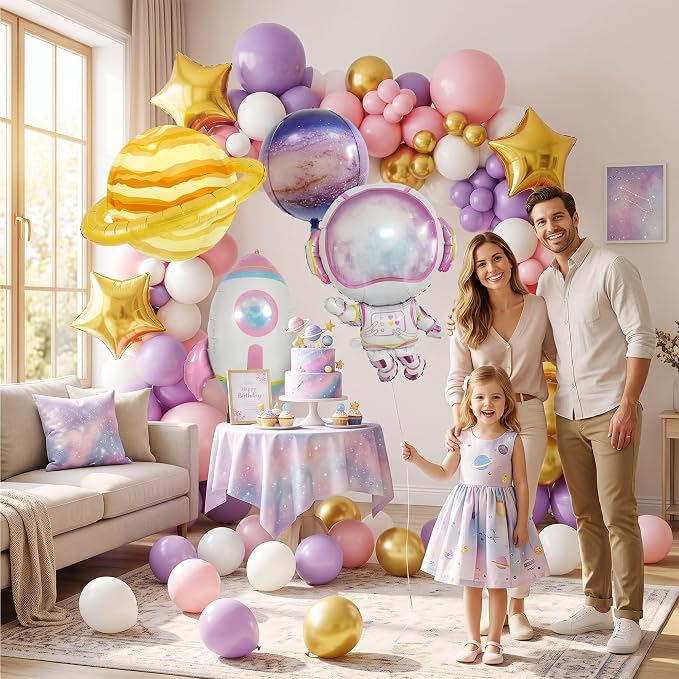 108PCS Pink Space Balloon Arch Kit for Girls – Dreamy Astronaut Rocket Planet Galaxy Balloons Garland, Outer Space Birthday Party Decorations, Baby Shower Two The Moon Party Supplies
