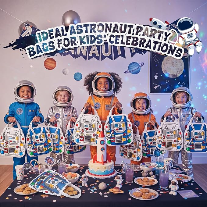 Locmeo 24 Pcs Space Party Favors Bags 11 Inch Astronaut Birthday Gift Bags Bulk Non Woven Reusable Tote Bag with Handle for Goodie Snack Treat Space Party Supplies Birthday Gift Decoration