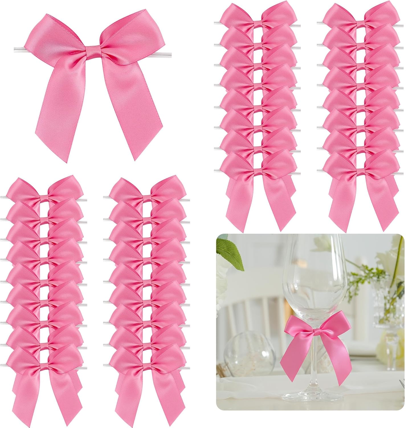 3.5" Hot Pink Bow Satin Pre-Tied Bows for Gift Wrapping, Small Bows for Crafts, Premade Bows, Candy Apple Bows, Twist Tie Bows for Cake Decorating, Party Favor, Wedding Decoration-36 Counts