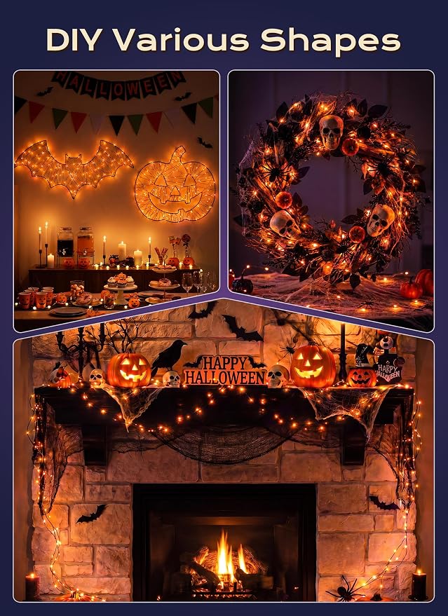 Halloween Fairy Lights Plug in, 33Ft 100LEDs Orange Fairy Lights, Waterproof Flexible Black Wire String Lights for Bedroom Home Party Ghost Haunted House Indoor Outdoor Halloween Decorations, Orange