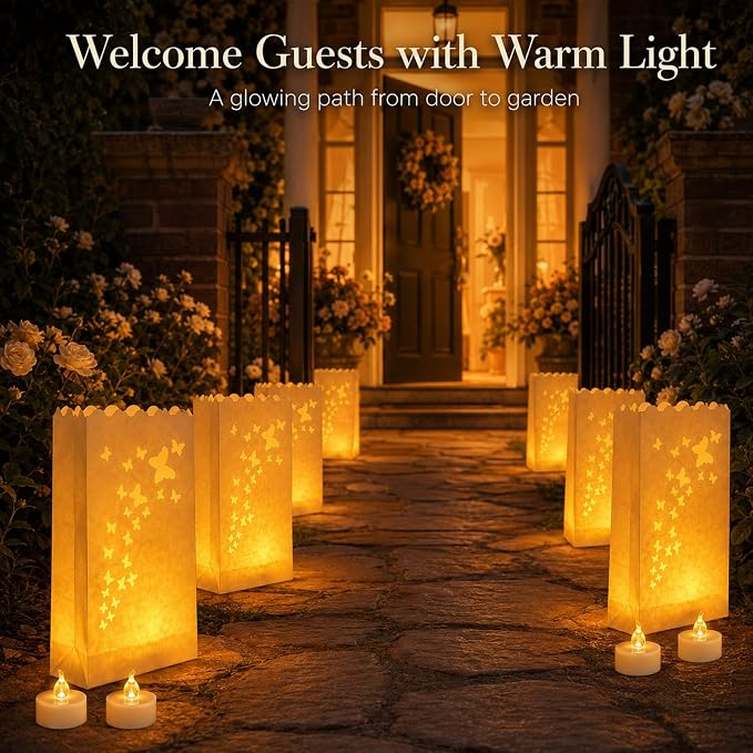 AceList 50 Butterfly Luminary Bags with 50 Flameless LED Tea Lights | Butterfly cutout, warm flickering amber light, reusable & flame-free, for weddings, garden parties, walkways & outdoor decor