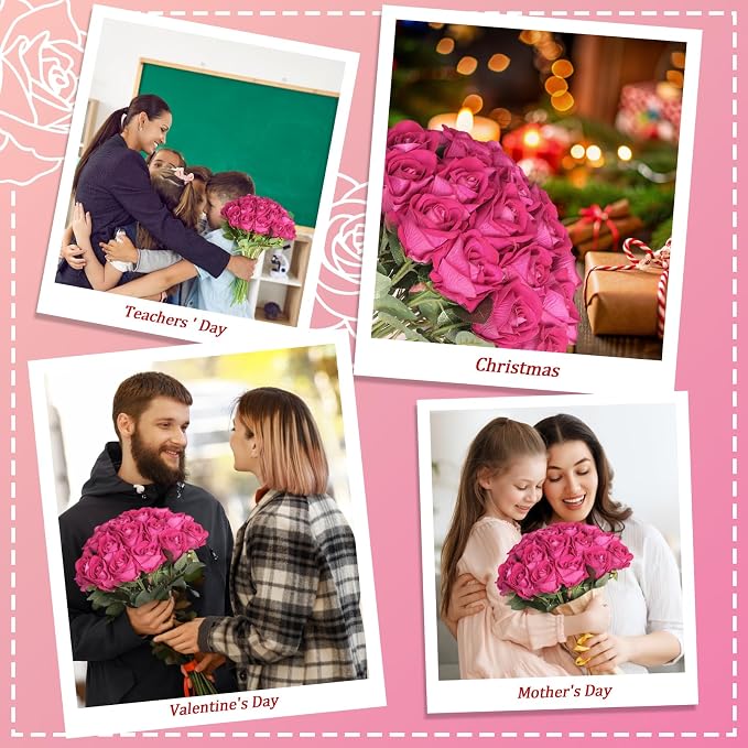 90pcs Fake Hot Pink Roses Artificial Flowers Bulk Realistic Silk Faux Rose with Stems for Wedding Decoration Anniversary Bridal Bouquet DIY Floral Arrangement Romantic Home Decor Gifts
