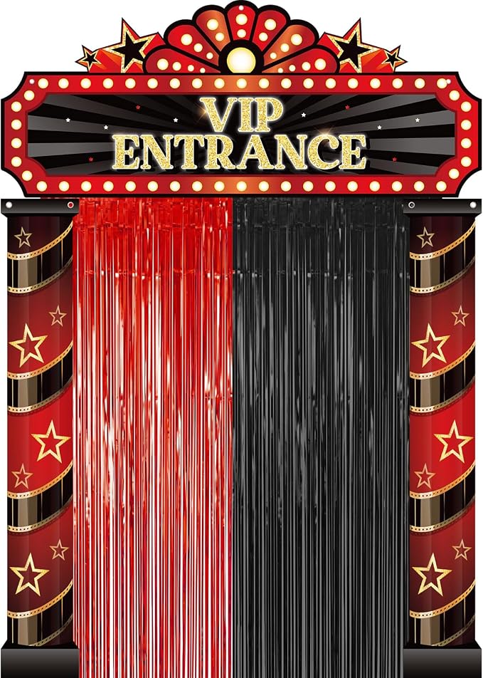 Peryiter 5 Pcs VIP Entrance Movie Night Party Decorations Set, Film Theme Door Banners Red and Black Tinsel Curtains, Double Sided Tape for Movie Night Film Party Supplies