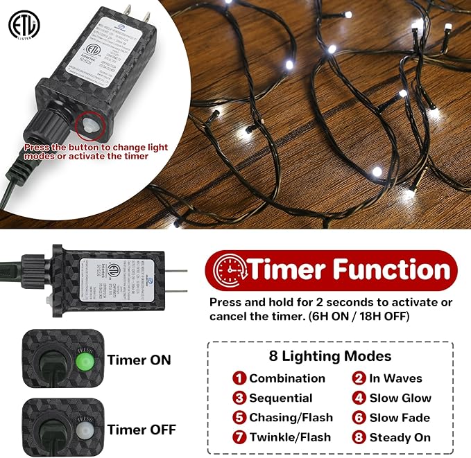 Extra Long 132FT Christmas Decorative Mini Lights, 400 LED Green Wire Fairy Starry String Lights Plug in, Timer & Memory & 8 Modes, for Indoor Outdoor Xmas Tree Wedding Party Decoration,Cool White