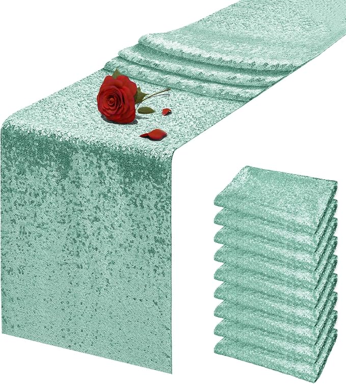 10 Packs 12 x 72 inches Mint Green Sequin Table Runner, Glitter Runner for Birthday Party Supplies Wedding Holiday Celebration Baby Shower Engagement Anniversary Decor