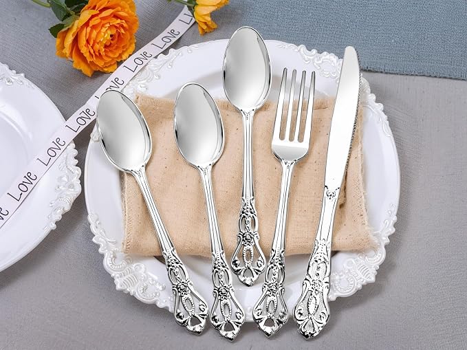 90PCS Silver Plastic Silverware - Heavy Duty Silver Disposable Cutley - Fancy Plastic Utensils Flatware Include 30 Forks, 30 Spoons, 30 Knives for Catering, Parties, Dinners, Weddings