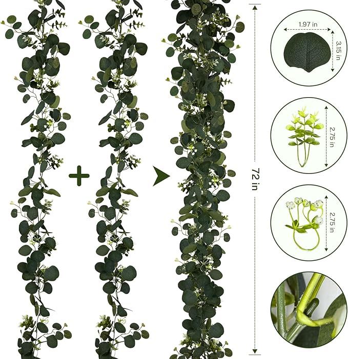 YIJXPOIN Eucalyptus Garland, 8 Packs 6FT Green Flower Garland Decor, Artificial Faux Eucalyptus Leaves Greenery Vines for Table Runner Wedding Bedroom Mantle Centerpieces Backdrop Decorations