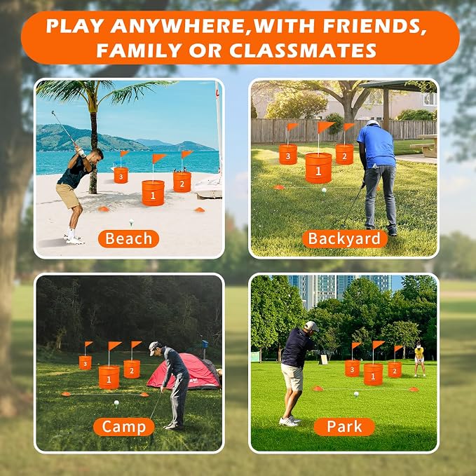 Orange 6 PCS Backyard Golf Game,Set with:6 Pop-Up Holes + 6 Flags + 12 Tee Boxes + 6 Game Balls + 1 Carrying Bag + 6 Connecting Ropes + 1 Scoreboard + 2 Clubs + 6 Golf Balls + 1 Manual,Outdoor