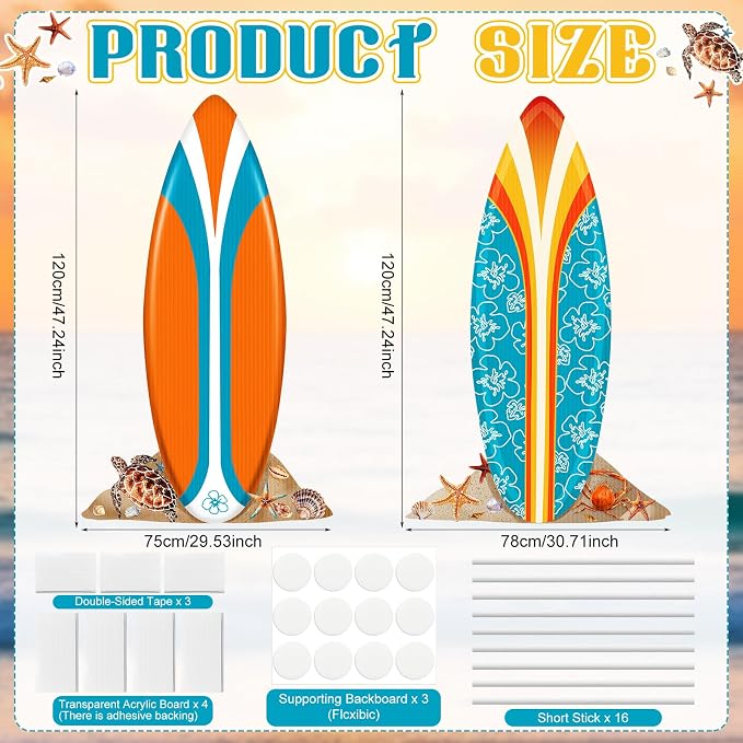 2 Pcs Summer Surfboard Prop Decoration 3.9 ft Large Surfboard Cardboard Cutout Life Size Beach Photo Booth Prop Tropical Outdoor Yard Sign for Surfing Swimming Hawaiian Luau Bar Supplies
