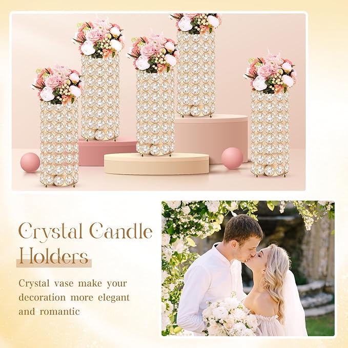 Dandat 8 Pcs Crystal Flower Vase for Wedding Table Centerpieces 7.87 in Crystal Pillar Candle Holder Metal Cylinder Flower Vase Stand for Christmas Wedding Decor Gifts Arrangement Event(Gold)