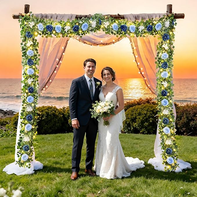 Livole 6 FT Artificial Flower Garland with Light Real Touch Fake Blue Floral Rose Peony Garland with Eucalyptus Flower Hanging Vine for Wedding Table Centerpieces Backdrop Party Arch Home Decor