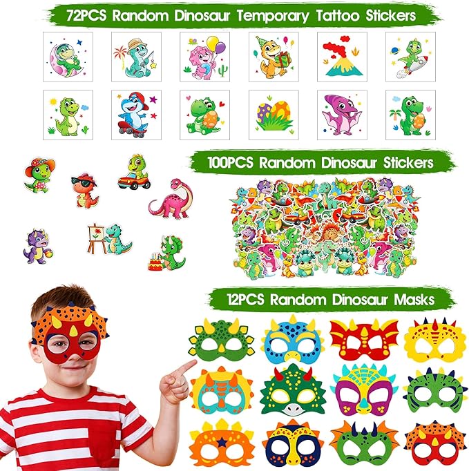 352PCS Dinosaur Party Favors, Dinosaur Birthday Party Decorations Supplies - Stickers Keychains Goodie Bags for Kids Birthday Return Gifts, Dino Slingshot Finger Fidget Toys Bulk
