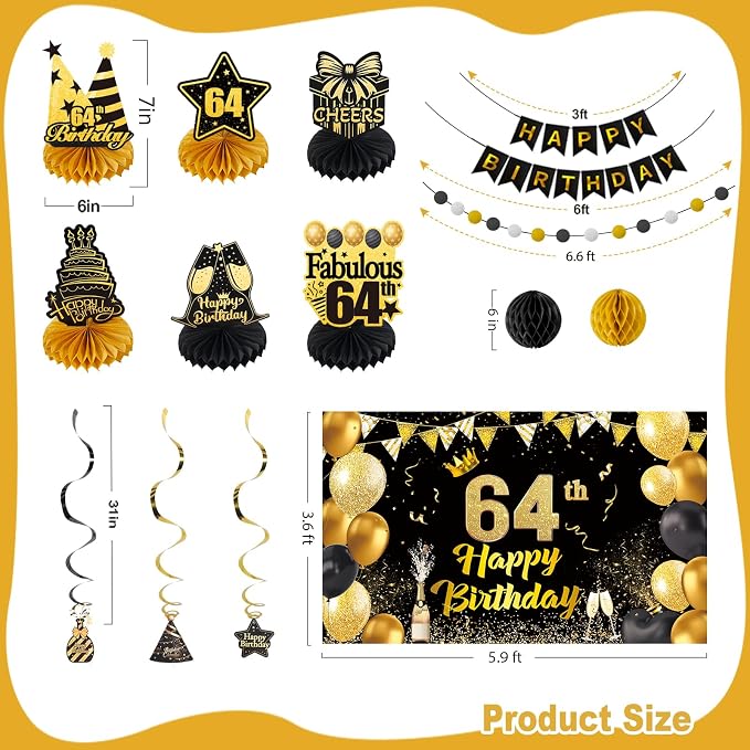 Happy Birthday Party Decoration Set: Including Birthday Banner Backdrop, Party Table Centerpieces and Hanging Swirl Party Streamers, Birthday Decor for Men and Women (Gold/Black, 64th Birthday)