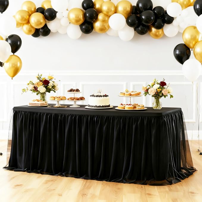 2-Pack Black 2-in-1 Tulle Tablecloth for 8-Foot Rectangular Table – Stretch Fitted Table Skirt & Cover for Baby Shower, Bridal, Birthday, Princess Party