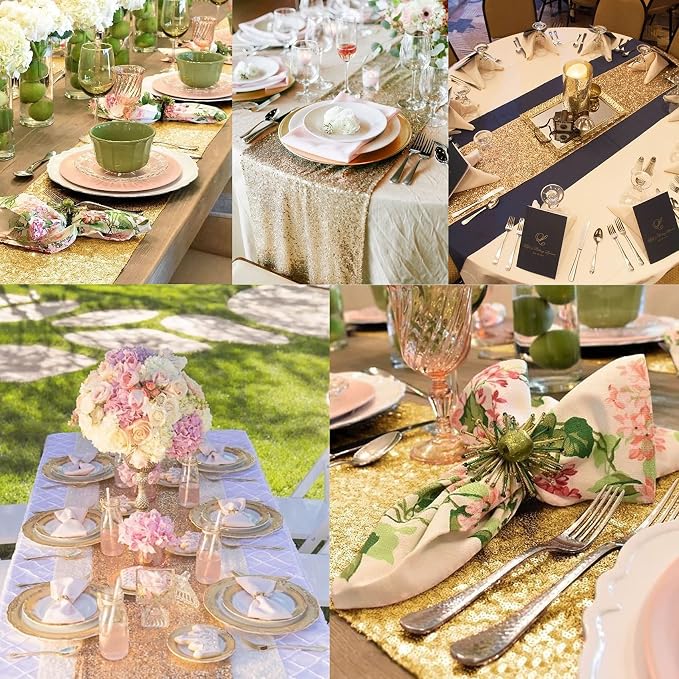 12 Packs 12 X 72 Inch Sequin Table Runner Glitter Dining Table Runner for Birthday Wedding Engagement Bridal Baby Shower Bachelorette Holiday Celebration Party Supplies Decorations (Champagne Gold)