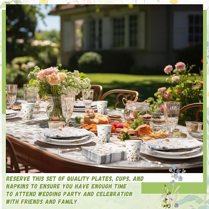 Ziliny 250 Pcs Wildflower Party Decorations Include Spring Summer Floral Paper Plates Napkins and Cups for Wildflower Baby Shower Tea Decorations, Serve 50 Guest(Light Color,Elegant Style)
