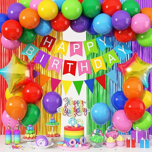 Jobkoo Rainbow Birthday Decorations for Kids, Colorful Party Decor Assorted Color Latex Foil Balloons Fringe Backdrop Happy Birthday Banner Cake Toppers for Boys Girls Carnival Circus Party Supplies