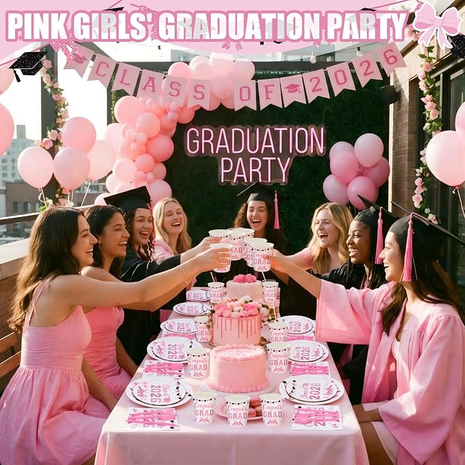 168 Pcs Pink Graduation Decorations Pink Bow Class of 2026 Party Supplies Serve 24 Coquette Graduation Plates, Napkins, Cutlery Set Congrats Grad Tableware Set Disposable Paper Plates Cups