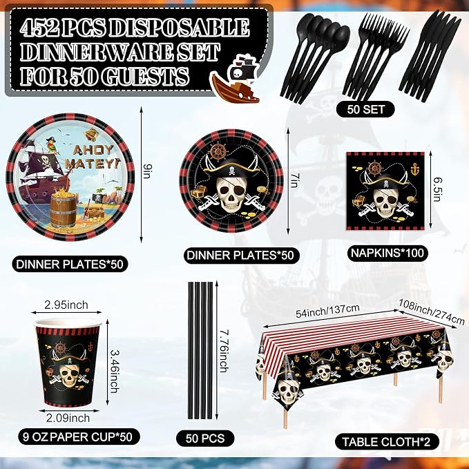 Potchen 452 Pcs Party Supplies Serve 50 Guests, Paper Plates Napkins Cups Cutlery Plastic Tablecloth Dinnerware for Birthday Wedding Party Decoration(Red Black, Pirate)