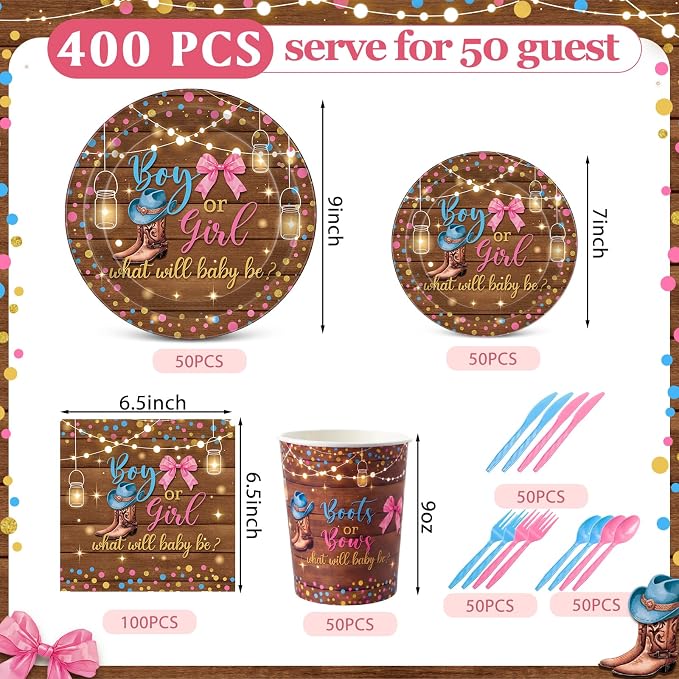 400 Pcs Boots or Bows Gender Reveal Party Decoration for 50, Gender Reveal Plates Napkins Cups Cutlery Pink Blue Western Disposable Tableware for Boy or Girl Baby Shower Party Supplies