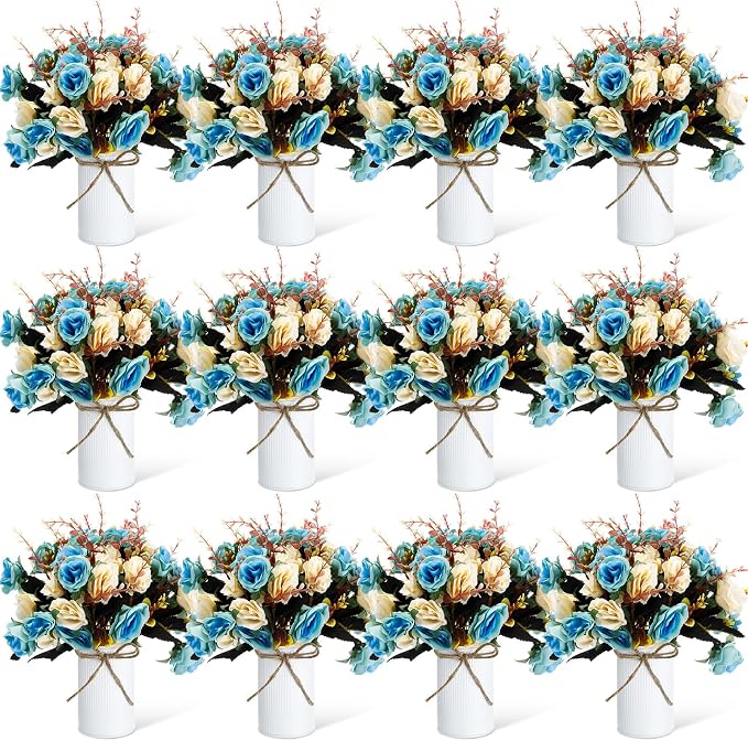 Domensi 12 Sets Wedding Centerpiece for Table Artificial Rose with Vase Fake Bouquets and Metal Pot Flower Arrangements for Bridal Shower Birthday Party Event Table Decor (Teal)