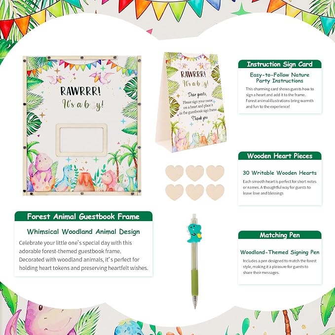 Dinosaur Baby Shower Decorations,Hatching Soon Baby Shower Guest Book Alternatives with Dinosaur Pen,Photo Frame and 60 Heart Wood Slices for 60 Guests,Its a Boy Gender Reveal Decorations