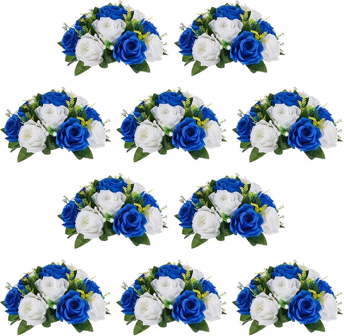 NUPTIO Flower Ball Arrangement Bouquet - 10 Pcs 9.5 inch Diameter Royal Blue Fake Flowers Roses Balls for Centerpieces Tables - Artificial Rose Arrangements for Wedding Centerpiece Table Decorations | 10 Pcs Artificial Flower Arrangements, for Wedding,...