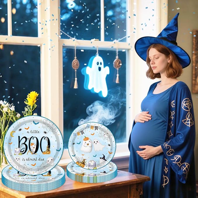 MEHOFOND Halloween Little Boo Baby Shower Decorations for Boy, A Little Boo is Almost Due Party Supplies Blue Disposable Tableware Set 169Pcs Plates Napkins Plastic Tablecloth for Baby Shower Party