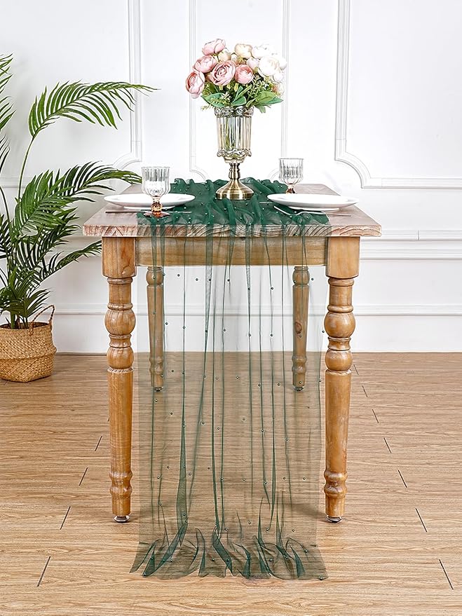 Pearl Table Runner Tulle Fabric: 10ft Pearl Kitchen Linen 29x120 Inch 12pcs Emarald Green Sheer Gauze Fabrics for Wedding Decor Birthday St. Patrick's Day Party Dining Table Cover