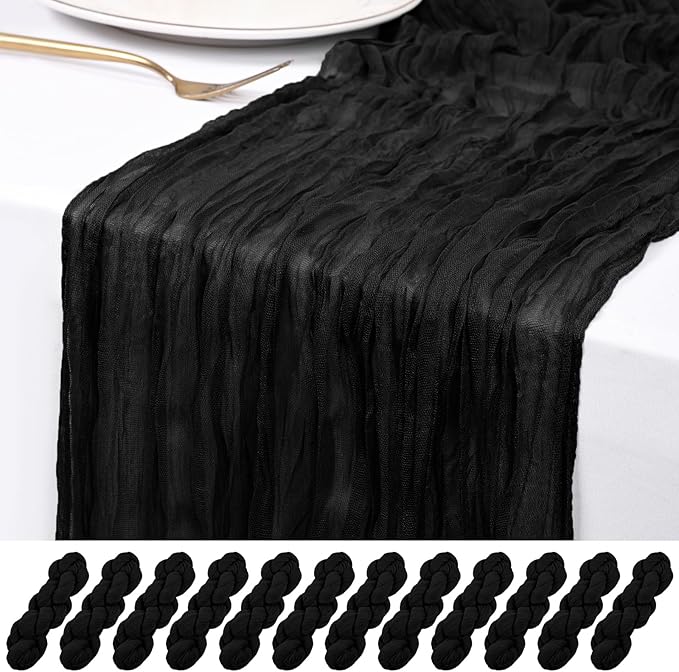 12 Pack Black Cheesecloth Table Runner 120 inch Fall Thanksgiving Boho Rustic Gauze Farmhouse 10FT Cheese Cloth Runner for Baby Shower Wedding Party Holiday Home Decor