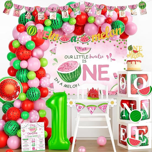 Hombae One In A Melon Party Decorations, Watermelon 1st Birthday Party Decorations Balloon Garland Highchair Photo Banner Box Crown Poster One Little Sweetie Is One In a Melon Pink Green Red