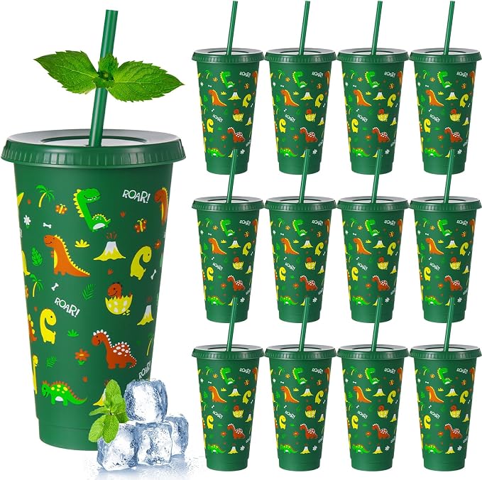 Uiifan 12 Pcs Plastic Dinosaur Cups for Kids 24oz Reusable Dino Tumbler with Lid and Straw Dino Party Favors Drinking Cups for Kids Boy Baby Shower Birthday Supplies Dinosaur Gifts