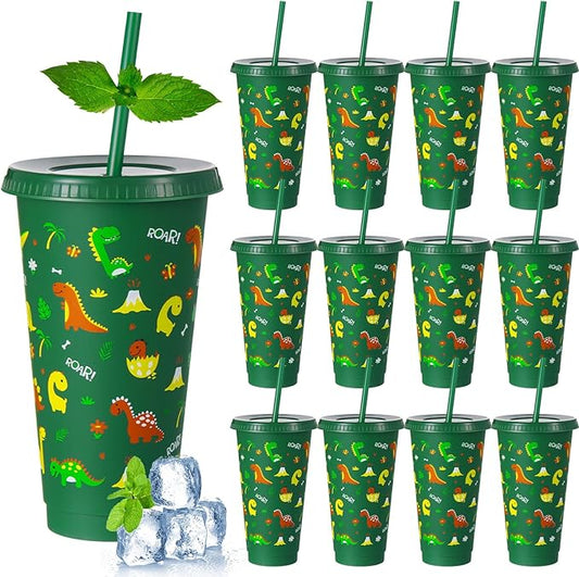 Uiifan 12 Pcs Plastic Dinosaur Cups for Kids 24oz Reusable Dino Tumbler with Lid and Straw Dino Party Favors Drinking Cups for Kids Boy Baby Shower Birthday Supplies Dinosaur Gifts