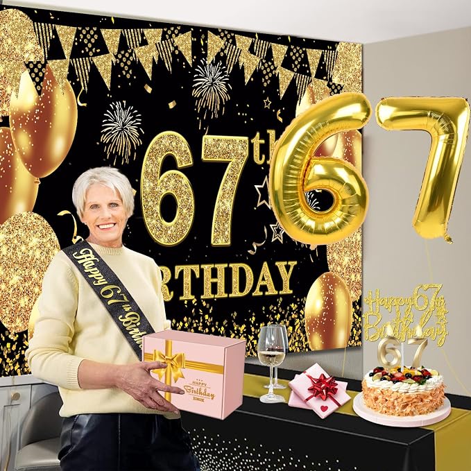 67th Birthday Decorations Men Women with 67th Birthday Banner, Black and Gold Table Cloth, Number Balloons, Sash, Cake Topper and Candles